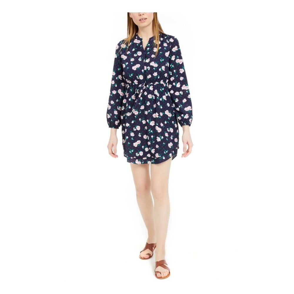MAISON JULES Womens Navy Floral Long Sleeve V Neck Short Sheath Dress Size: XXS - Picture 1 of 4